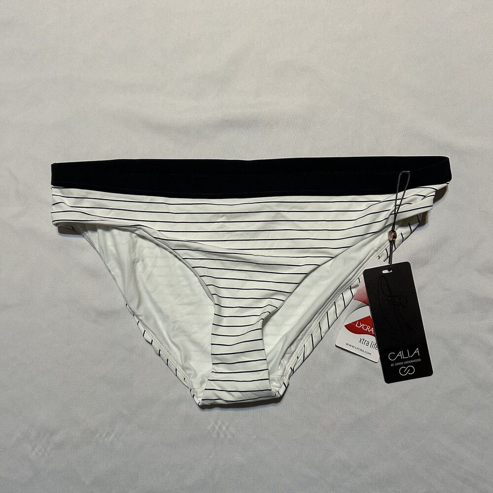 NEW WITH TAGS CALIA Banded Bathing Suit Swim Bottom Medium M Black White Stripe